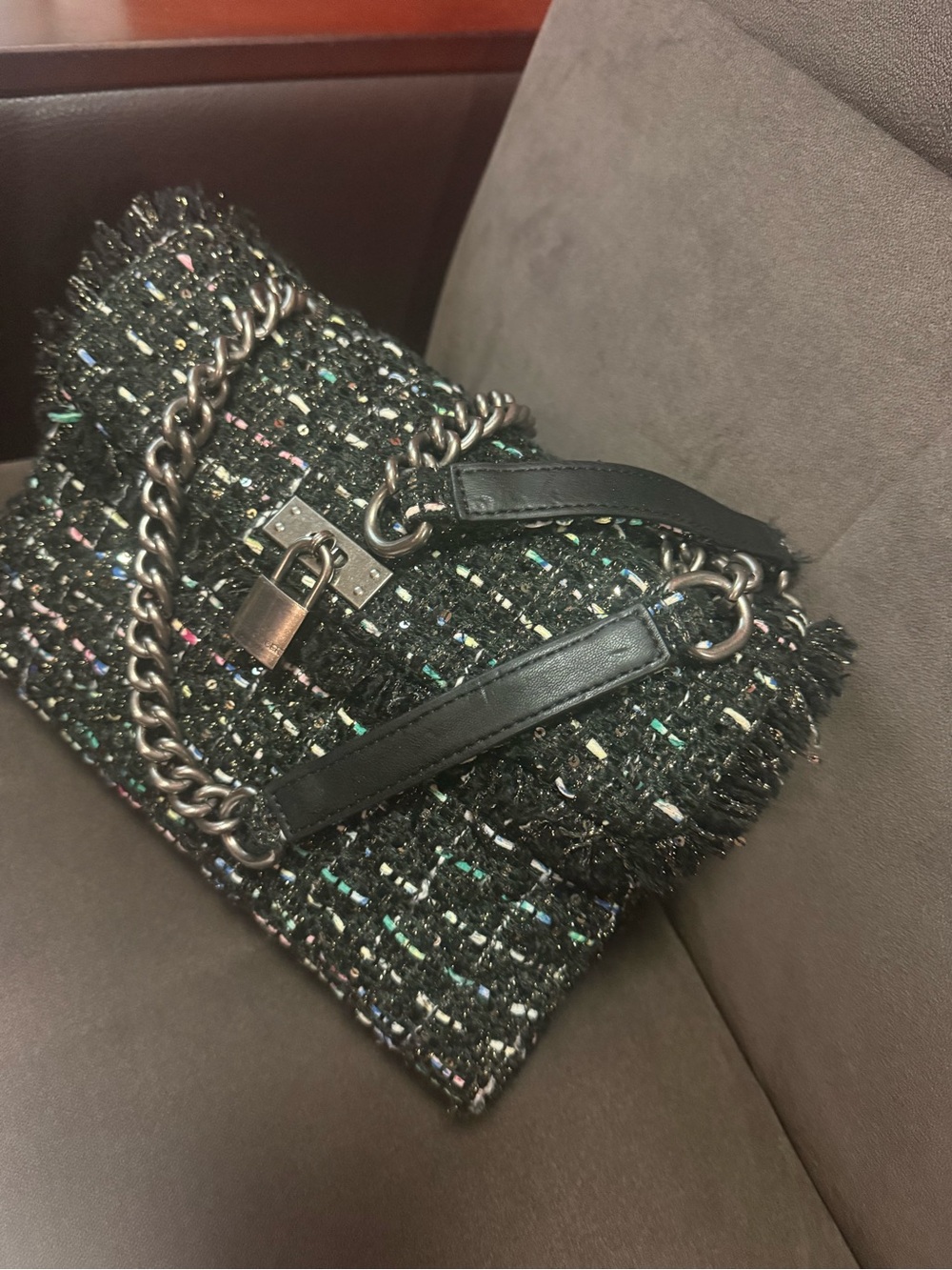 Kurt Geiger Black Multicolor Tweed Chain Crossbody Bag